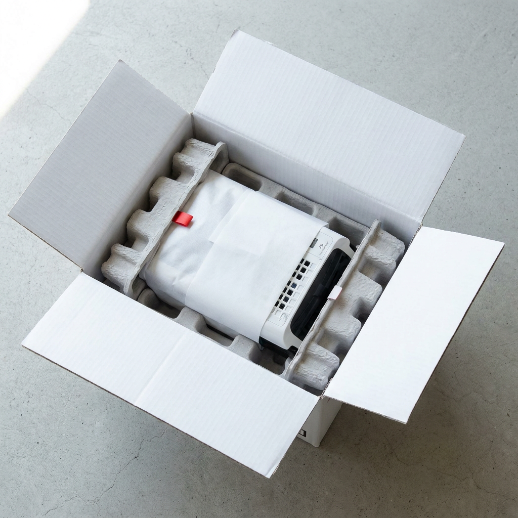 An open, white shipping box contains the Sharp FZC100DFU Replacement Filter Kit, securely packed in molded pulp inserts and a white protective wrap with a red pull tab.