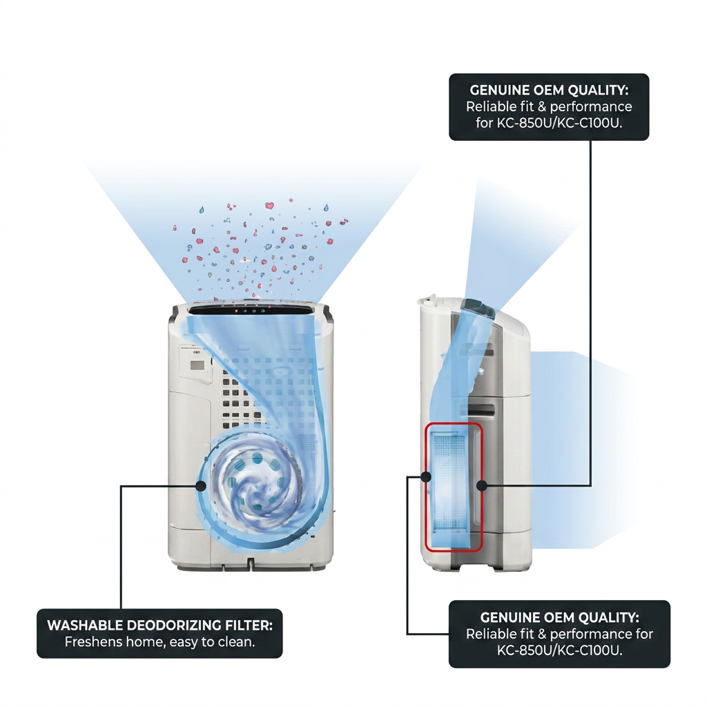 A feature callout graphic for the Sharp FZC100DFU Washable Deodorizing Filter Kit. It shows the purifier with blue airflow and the deodorising filter highlighted in red. Black text labels with white text and red accents point to: "WASHABLE DEODORIZING FILTER: Freshens home, easy to clean" and twice to "GENUINE OEM QUALITY: Reliable fit & performance for KC-850U/KC-C100U", detailing its key benefits.