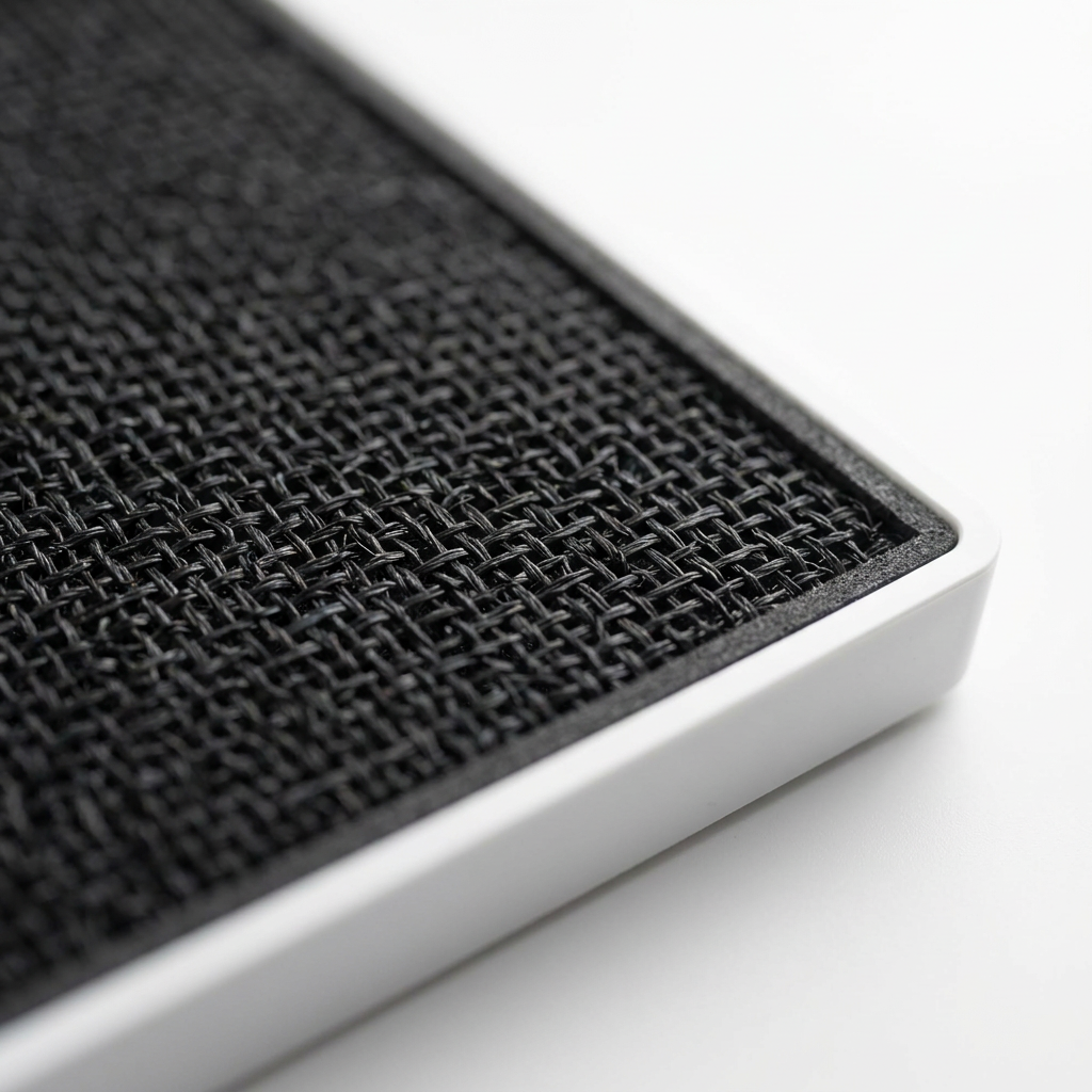 Extreme close-up of the Sharp FZC100DFU washable filter's woven mesh, showing detailed texture for quality assurance.