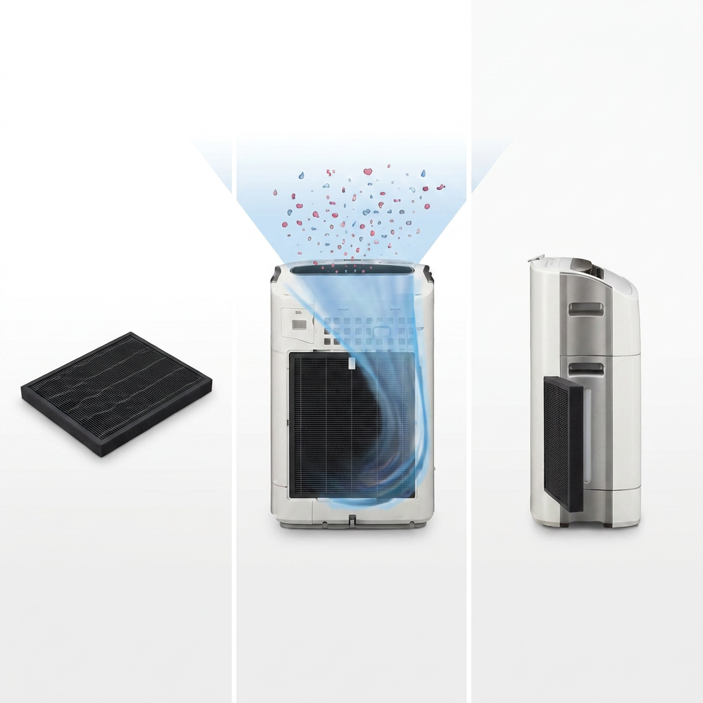 PDP visual matrix showing the Sharp FZC100DFU filter and its placement in the KC-850U air purifier from front and side views.
