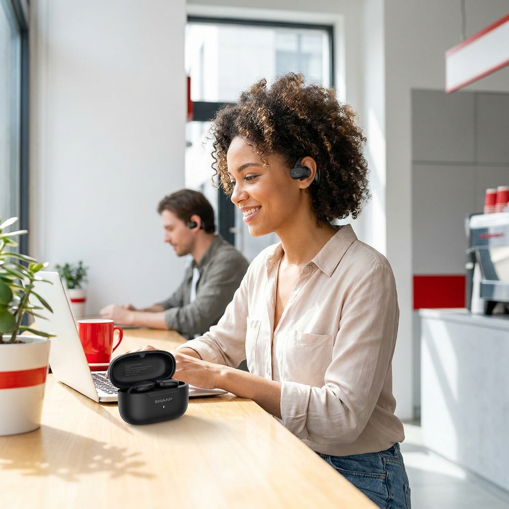 A lifestyle photograph shows a smiling woman in a modern office cafe wearing the black SHARP HP-TW45-BK open-ear earbuds while working on a laptop. The open charging case is on the table.