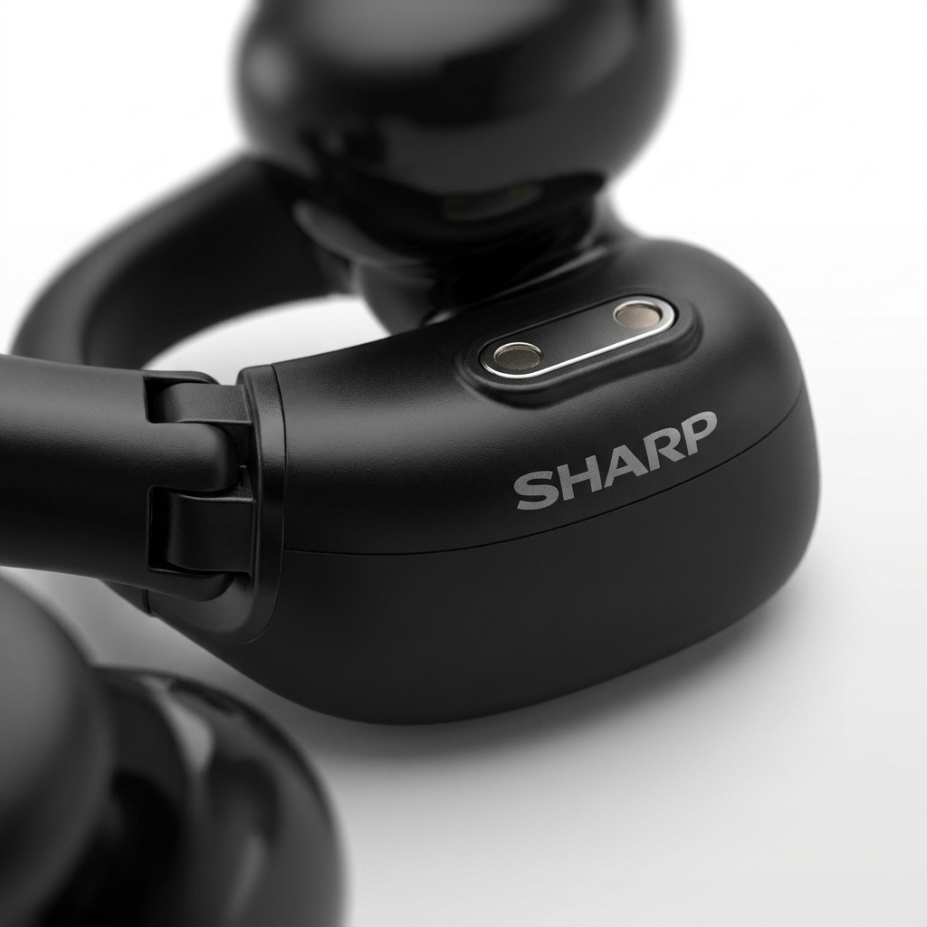An extreme macro photograph highlighting the precision details of the black Sharp HP-TW45-BK earbud, focusing on the charging contacts and logo.