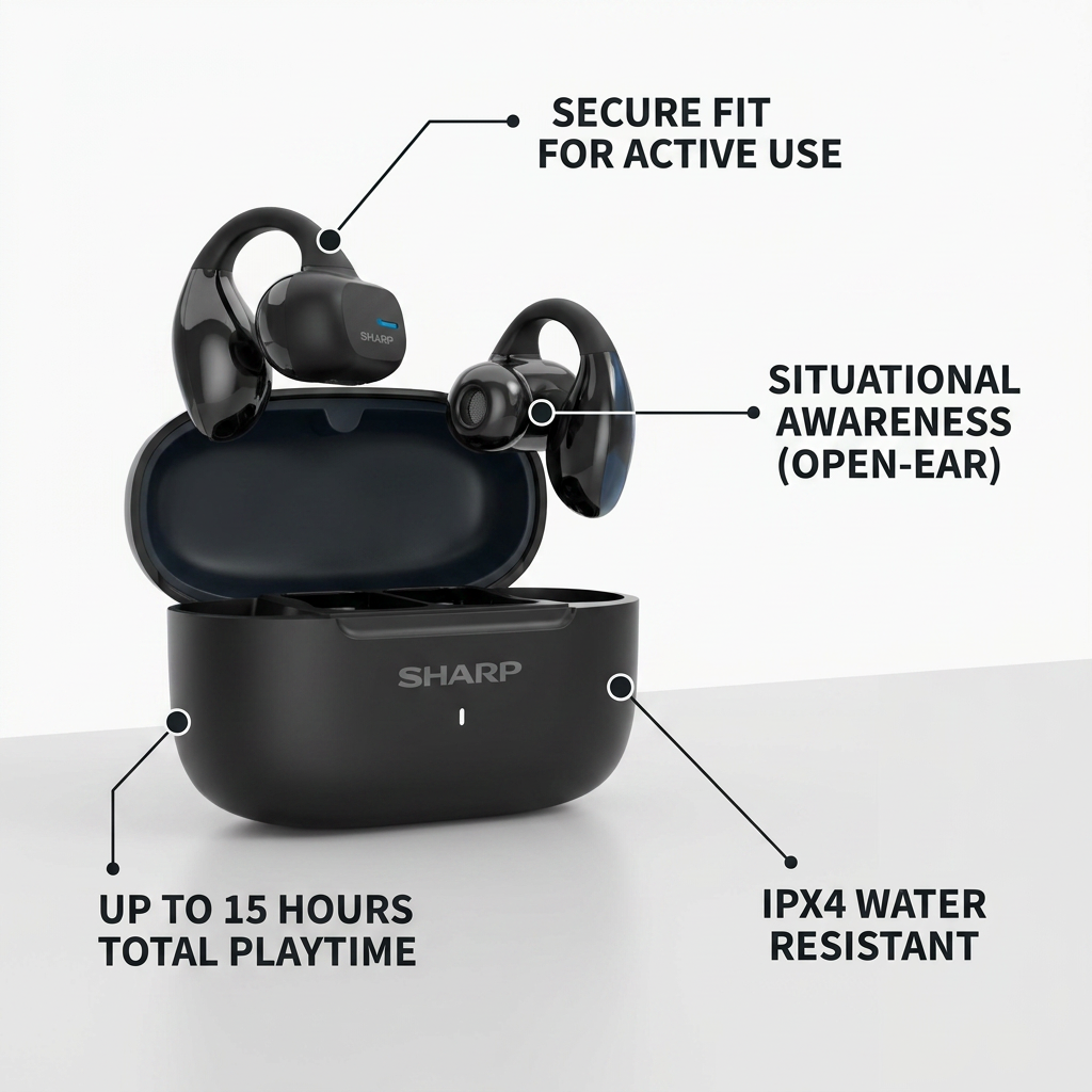 A promotional image detailing the operational features of the Sharp HP-TW45-BK earbuds, highlighting the secure earclip, open-ear design for situational awareness, 15-hour battery, and IPX4 water resistance.