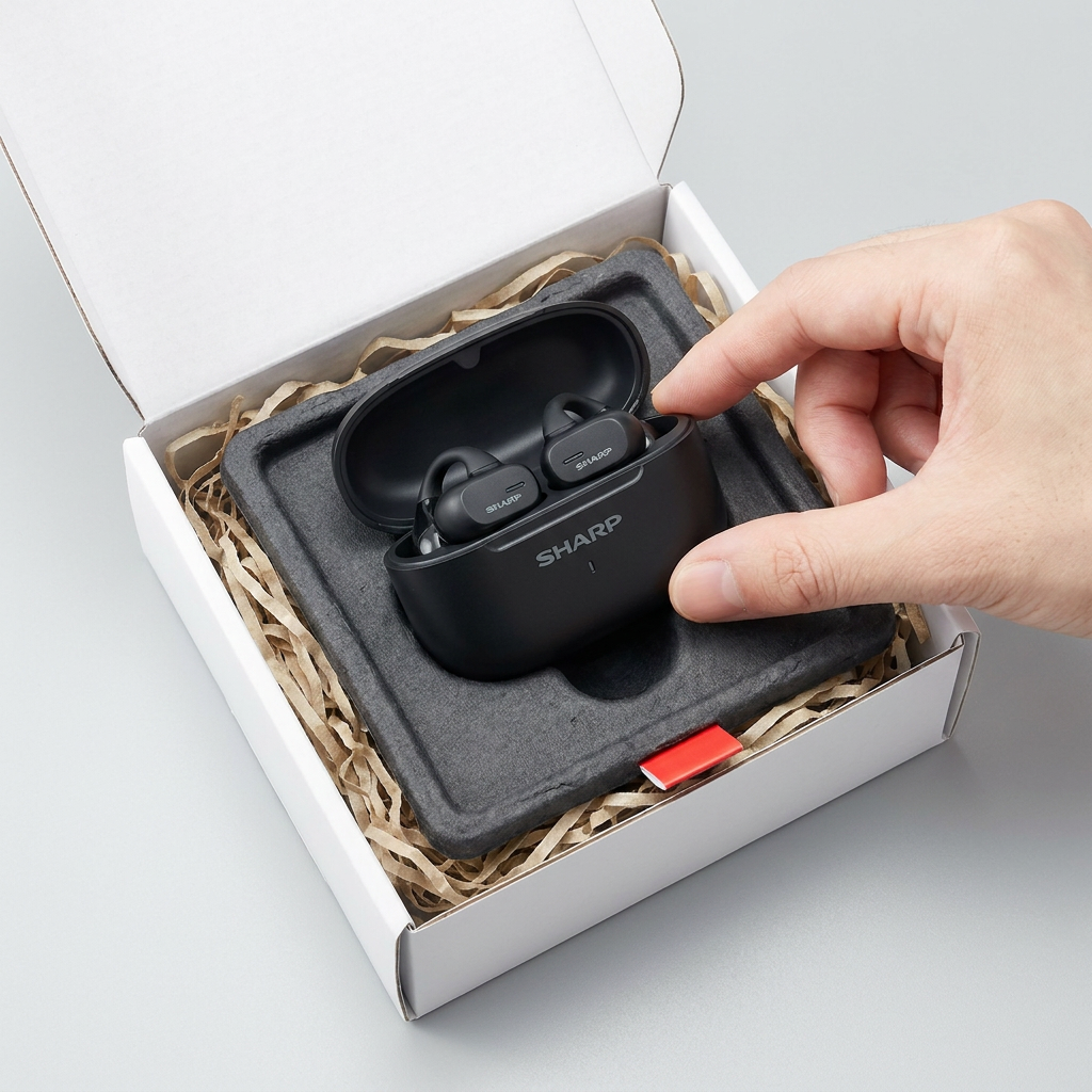 A hand gently lifts the open black SHARP HP-TW45-BK charging case with earbuds inside from a secure, molded eco-friendly insert within an open white shipping box filled with crinkle paper, demonstrating damage-free packaging confidence. The scene uses the Sharp brand's black, white, and red color palette.