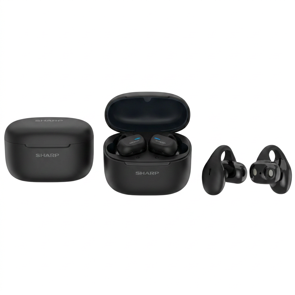 A premium ecommerce grid displaying the black SHARP HP-TW45-BK Earclip Open-Ear True Wireless Earbuds. The left panel shows the closed case, the center panel shows the case open with earbuds inside, and the right panel displays both earbuds individually against a white background.