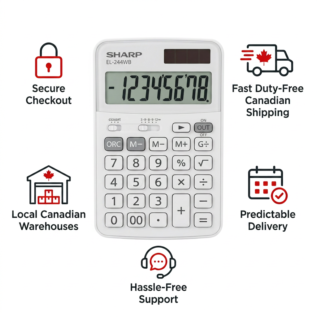 A clean and modern infographic on a white background related to ecommerce trust, featuring the SHARP EL-244WB calculator. Surrounding the calculator are five red and black line icons with text: "Secure Checkout" with a padlock, "Fast Duty-Free Canadian Shipping" with a truck and maple leaf, "Local Canadian Warehouses" with a warehouse, "Predictable Delivery" with a calendar, and "Hassle-Free Support" with a headset. All elements follow the Reseller Shopify brand guide.