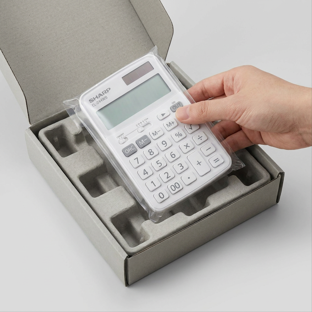 A hand carefully lifts the Sharp EL244WB calculator from its premium, protective cardboard box and plastic sleeve, showing secure delivery. The clean, minimalist setting and neutral colors convey a professional, trustworthy unboxing experience, free of any branding.