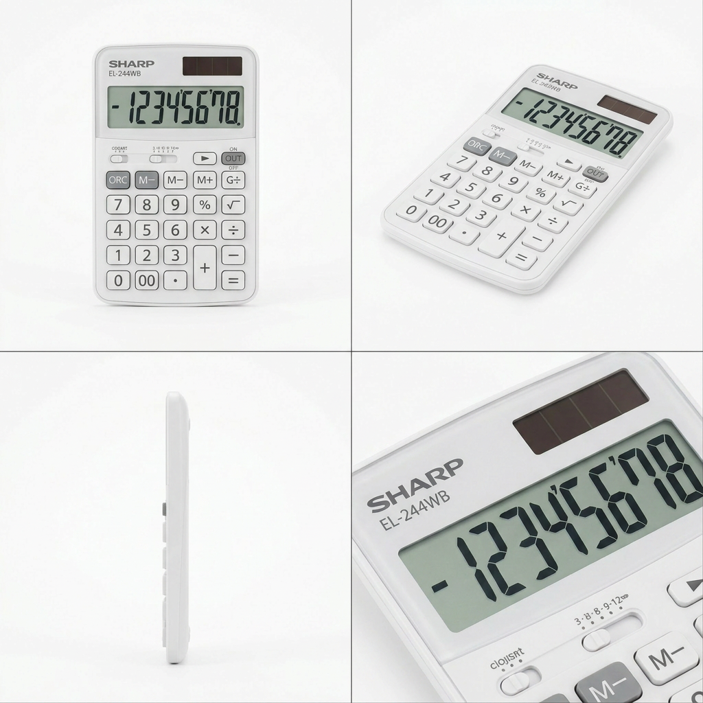 A four-panel grid image displaying a white Sharp EL244WB calculator from multiple angles, including frontal, angled, side profile, and a close-up of the display and solar panel. The product and clean white background are consistent throughout the premium grid composition.