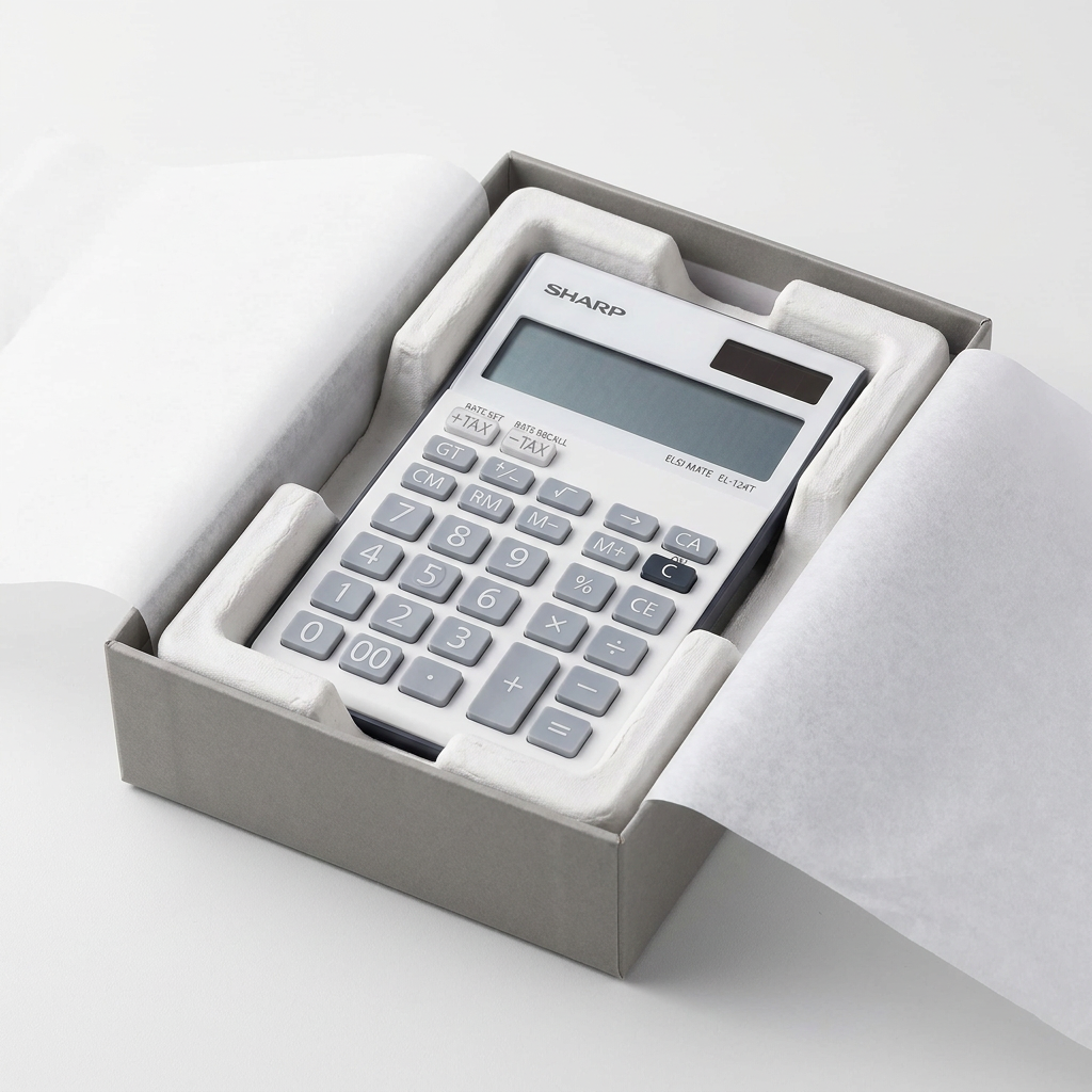 A premium unboxing photo shows the Sharp EL124TBGY calculator inside a rigid gray box with molded protective inserts, surrounded by white tissue paper. The product is secure, and the scene is lit with clean, neutral light against a white background.