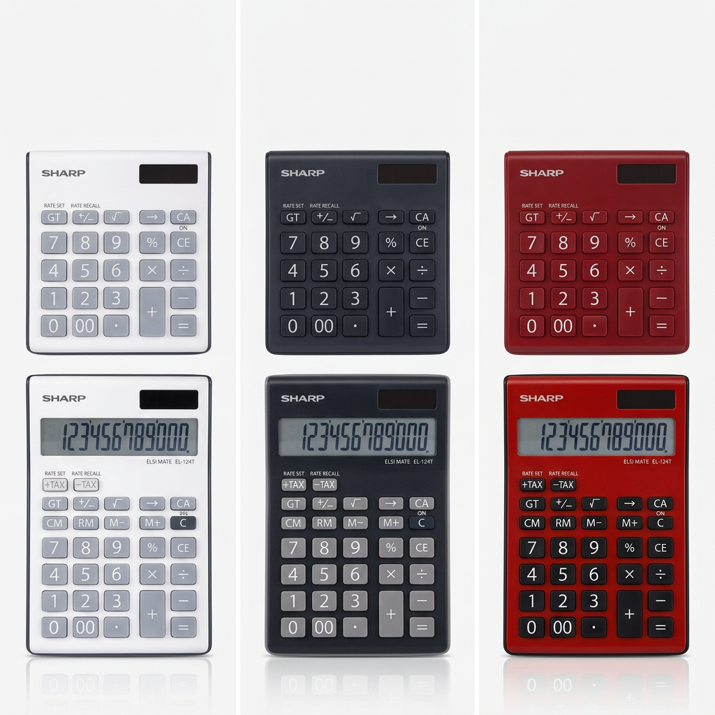 A six-panel grid showcasing three color variants of the SHARP EL124T calculator: the original grey, a black model, and a red model, each shown in two different views on a pure white background.