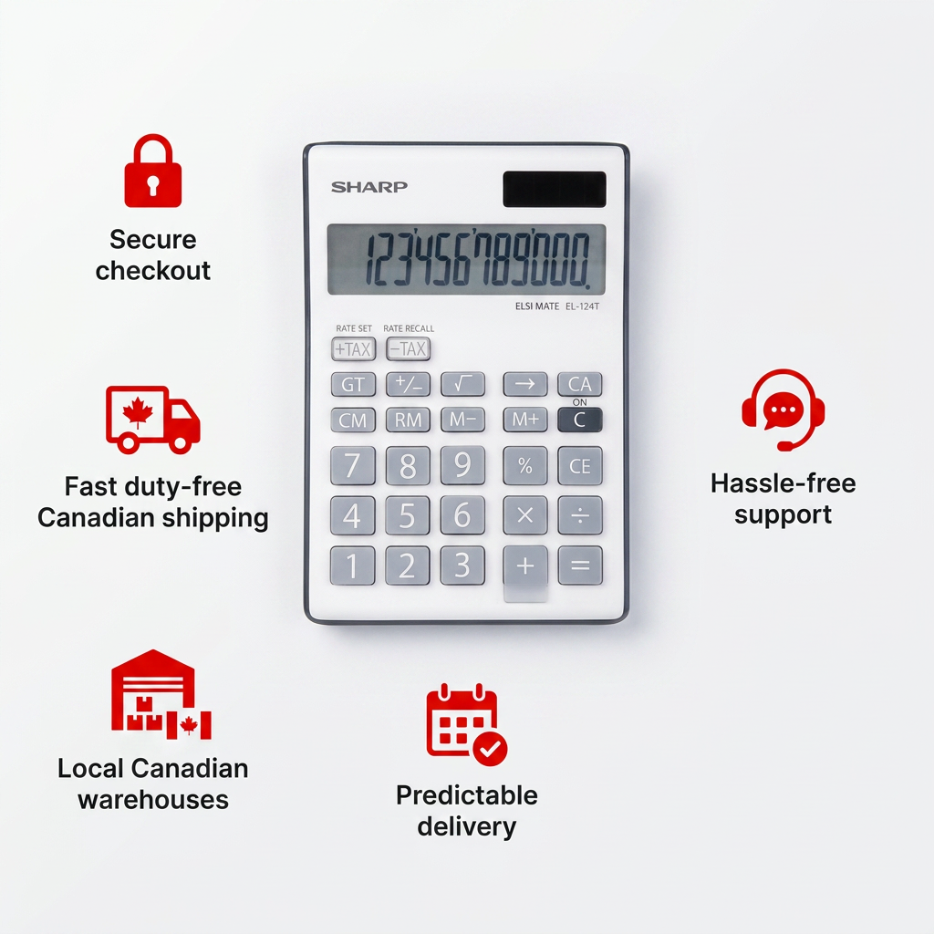 A Sharp EL124TBGY calculator is the center of a clean infographic with a white background and Sharp red accents. Surrounding it are five icons with short trust cues: a red lock for "Secure checkout," a red truck with a maple leaf for "Fast duty-free Canadian shipping," a red warehouse with a flag for "Local Canadian warehouses," a red calendar for "Predictable delivery," and a red headset for "Hassle-free support."