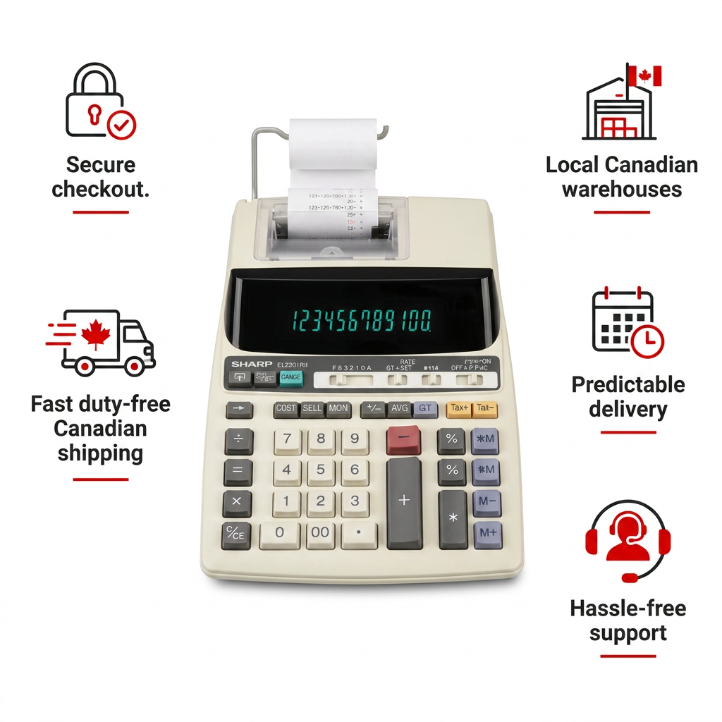 A clean, brand-aligned ecommerce infographic featuring the Sharp EL2201RII calculator as the central product. Five trust and authority cues surround the calculator, each with a simple, Sharp Red accented icon and short factual text: 'Secure checkout,' 'Fast duty-free Canadian shipping,' 'Local Canadian warehouses,' 'Predictable delivery,' and 'Hassle-free support.' The design adheres strictly to the white, dark charcoal, and Sharp Red color palette.