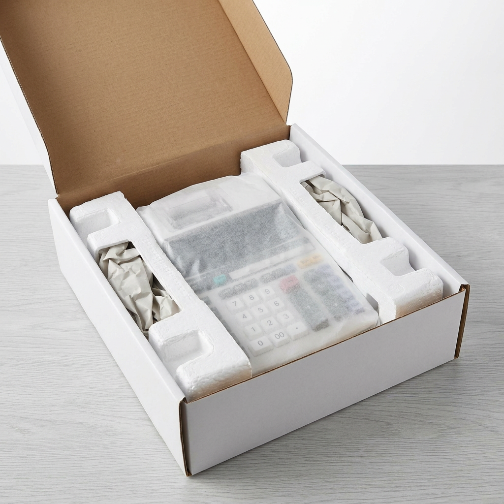 The SHARP EL2201RII printing calculator is securely packed in a white cardboard box with custom molded foam and protective paper, ensuring safe delivery.