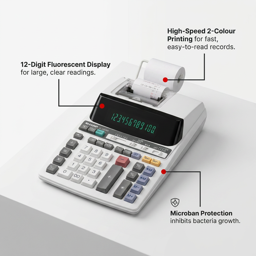 A polished e-commerce graphic of the Sharp EL2201RII calculator, showcasing feature callouts. Pointer lines with red accents highlight the 12-digit fluorescent display, the high-speed 2-colour printer, and a Microban protection icon. Short, factual benefit-oriented text labels are provided in a clean sans-serif font against a minimalist light gray background, adhering to the Shopify brand color palette.