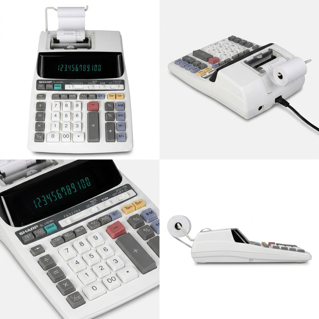 A four-image grid showing the SHARP EL2201RII calculator from multiple angles: a top-down view, an angled side view, a close-up of the display and keypad, and a side profile view, all on a clean white background.