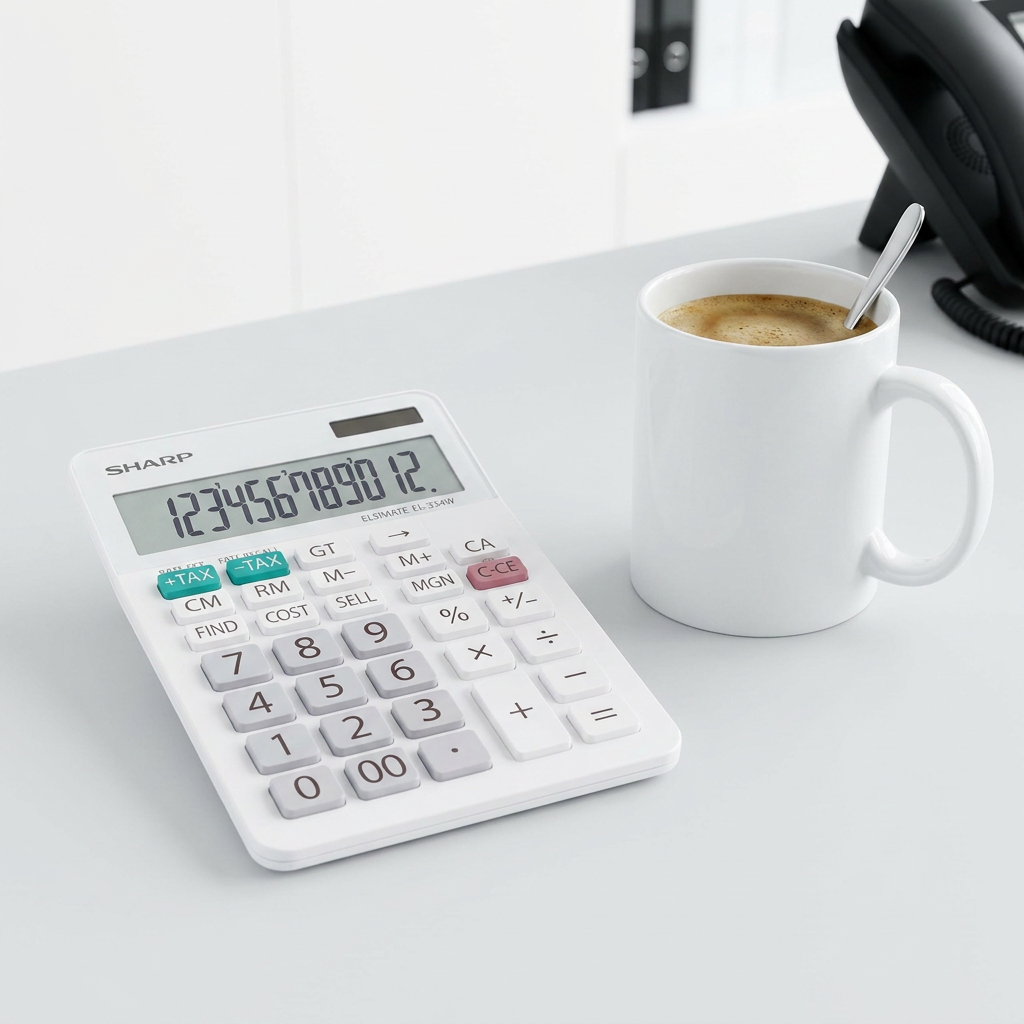 A photograph of the white Sharp EL334W desktop calculator placed beside a standard white ceramic coffee mug with a spoon on a clean, light gray office desk.