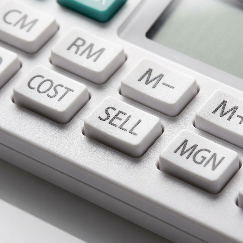 A detailed macro photograph of the white Sharp EL334W calculator, focusing on the 'COST', 'SELL', and 'MGN' buttons. The shallow depth of field and premium lighting highlight the texture of the buttons and the precision of the printed labels.