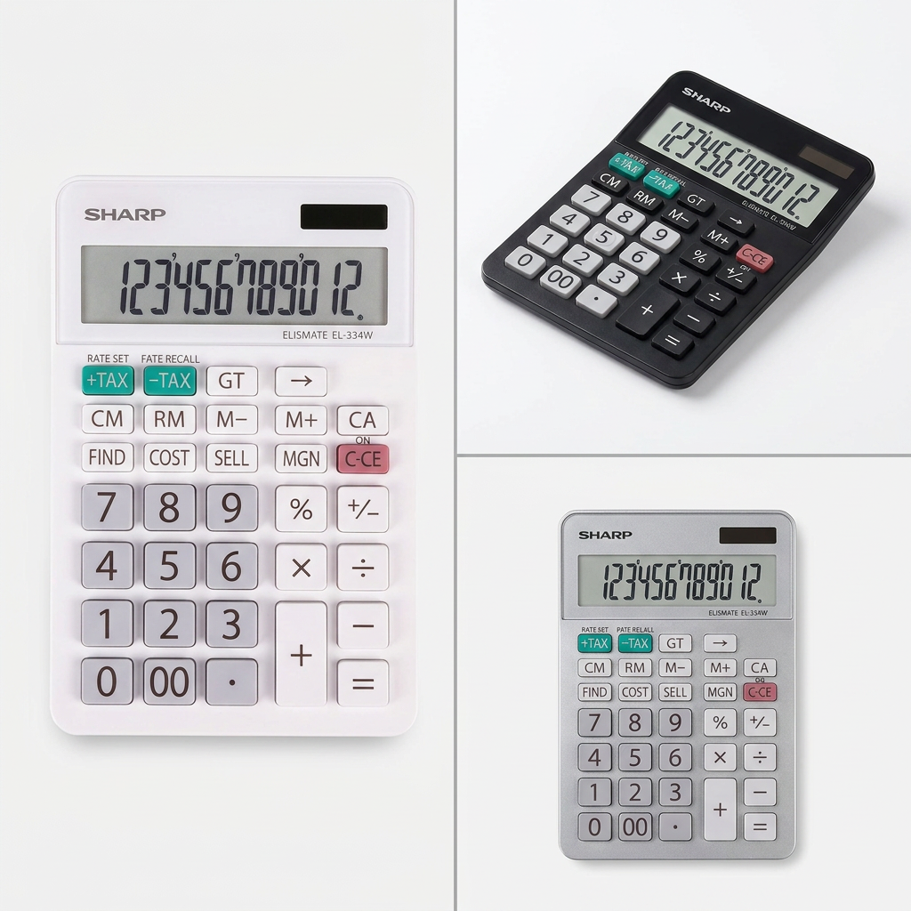 A visual matrix displaying three color variants of the Sharp EL334W business calculator. The main panel shows the original white model, while smaller panels to the right present a black version and aシルバー (silver) version of the same 12-digit calculator with its green and red keys. The composition is a clean, minimalist ecommerce grid on a white and light gray background, adhering to the reseller's brand guide.