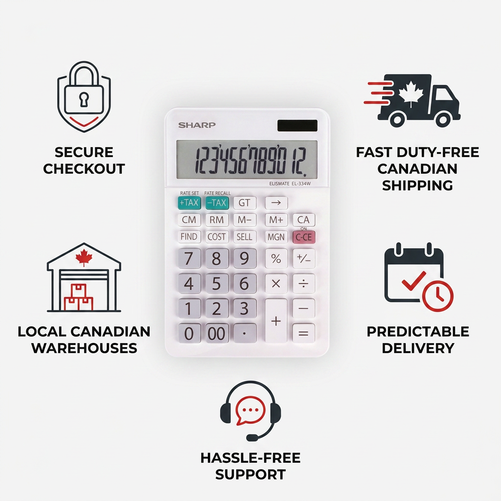 A clean e-commerce trust infographic featuring the white Sharp EL334W calculator from the reference image at the center. Five surrounding icon-text pairs in black and red accents highlight key trust cues: a padlock for "SECURE CHECKOUT", a delivery truck with a maple leaf for "FAST DUTY-FREE CANADIAN SHIPPING", a warehouse with a maple leaf for "LOCAL CANADIAN WAREHOUSES", a calendar for "PREDICTABLE DELIVERY", and a headset for "HASSLE-FREE SUPPORT". The background is a clean white.