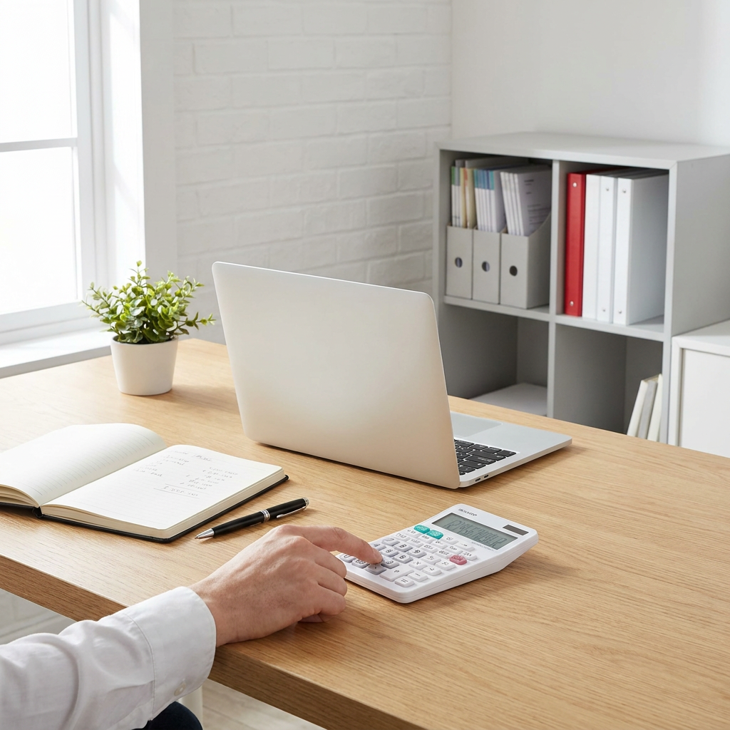 A person's hands are shown using the white Sharp EL334W calculator on a clean wooden desk. The background is a bright home office with natural light, a laptop, and a white and gray shelving unit featuring a pop of red from a binder, following the Shopify brand colors.