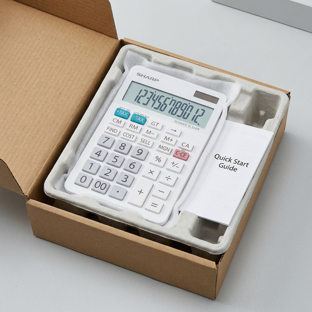 A high-angle photograph shows a white SHARP EL334W desktop calculator nested for protection inside a molded pulp tray within a cardboard shipping box. A "Quick Start Guide" is included. The packaging is clean and minimalist.
