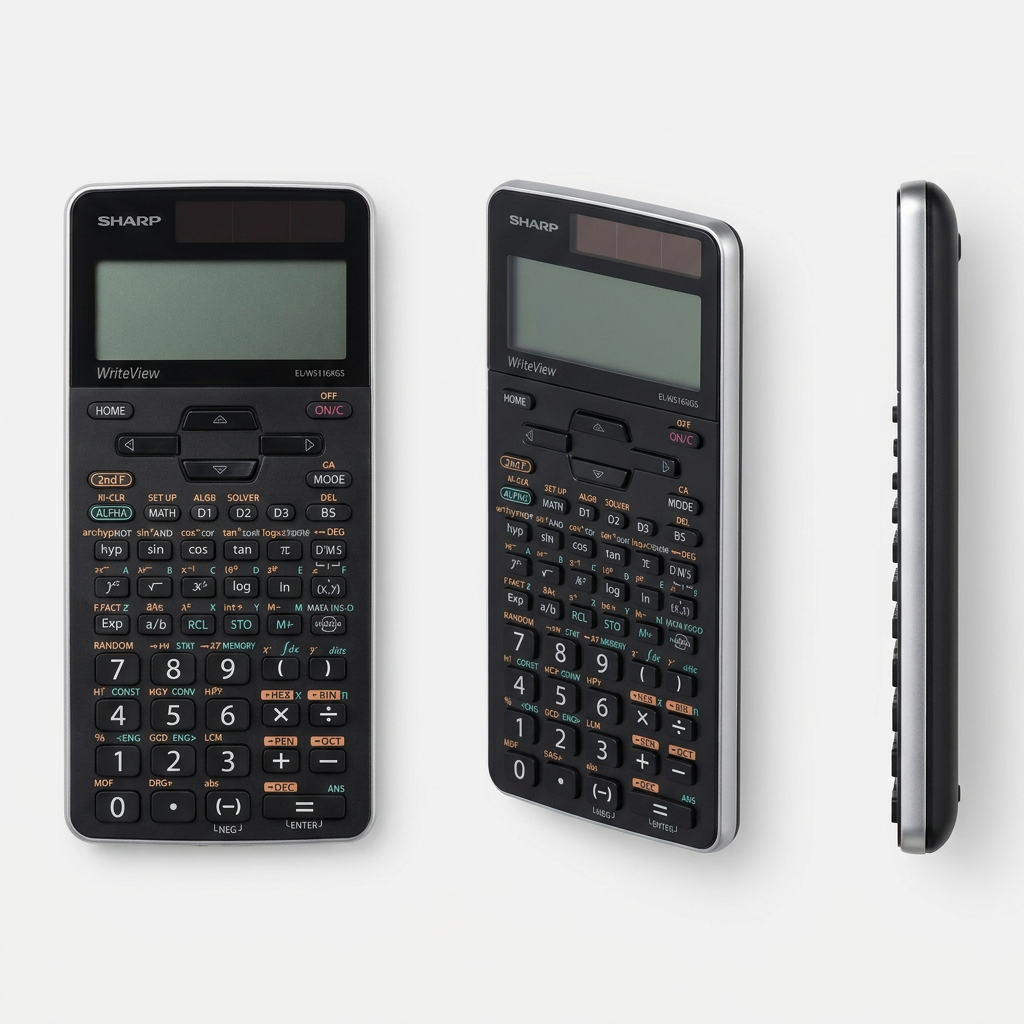 A three-panel product grid shows the Sharp ELW516XGSL calculator from front, angled, and side views on a clean, light gray background.