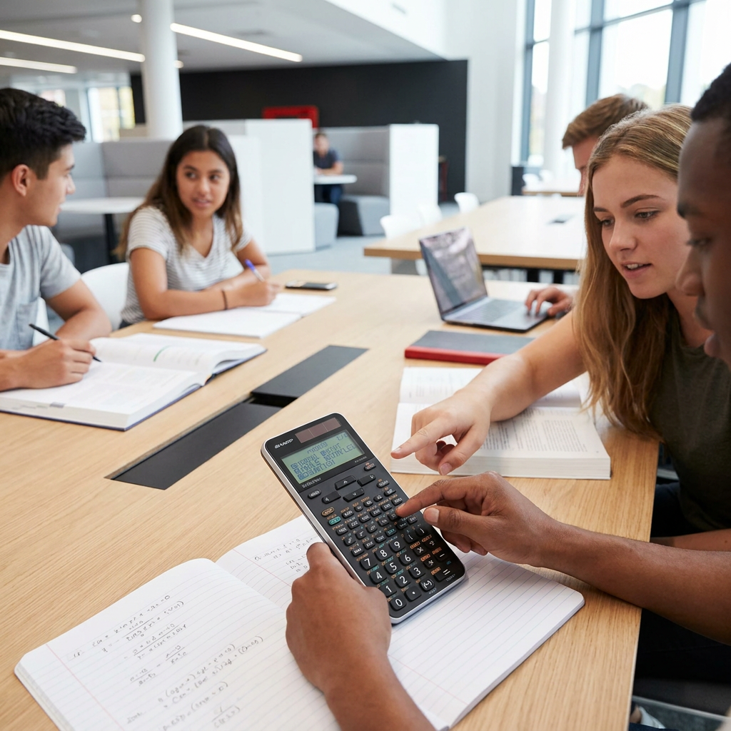 A lifestyle photograph showing a diverse group of university students collaborating around a light wood table in a modern library. A student's hands use the Sharp ELW516XGSL calculator, which is accurate to the reference, as another student points at the screen. The brand's white, black, and red color scheme is subtly incorporated.