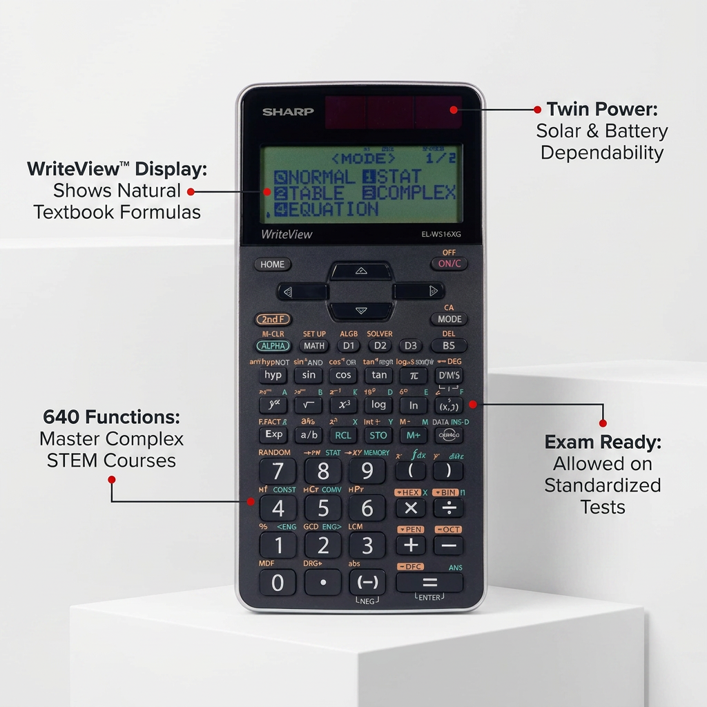 A polished ecommerce callout graphic for the Sharp ELW516XGSL calculator, featuring four key operational features highlighted with clean red and black labels against a minimalist white and grey background. The features are: WriteView™ Display, Twin Power, 640 Functions, and Exam Ready.