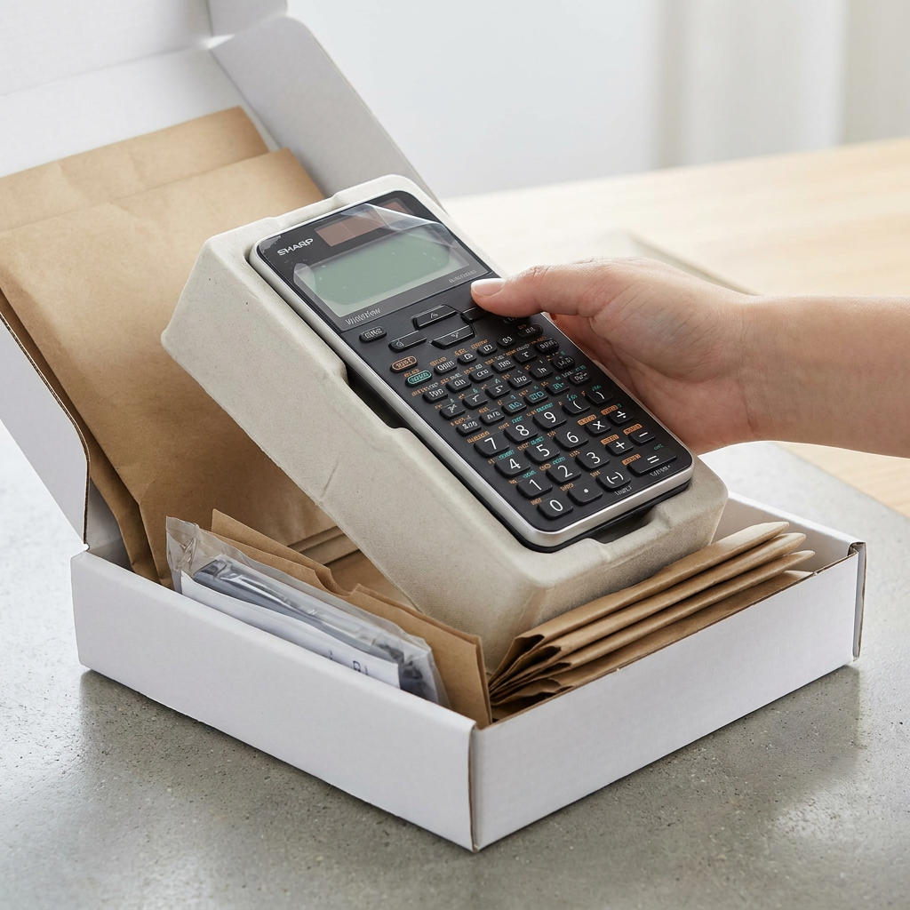 A hand removes the Sharp ELW516XGSL calculator from a custom-fitted protective tray inside an open cardboard box, demonstrating secure packaging.
