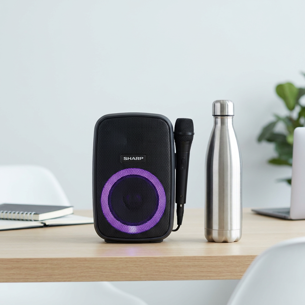 A lifestyle image showing the Sharp PS-914 portable speaker and microphone on a desk, next to a standard 500ml water bottle for scale reference.