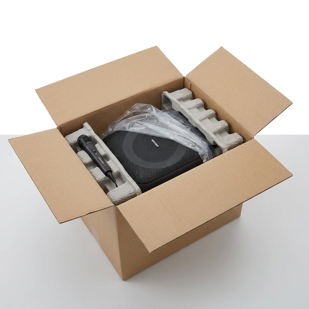 An overhead view of the Sharp PS-914 speaker and microphone being unboxed from a sturdy, neutral cardboard shipping box. The product is securely nestled within protective molded pulp inserts and clear plastic wrap, ensuring safe delivery.