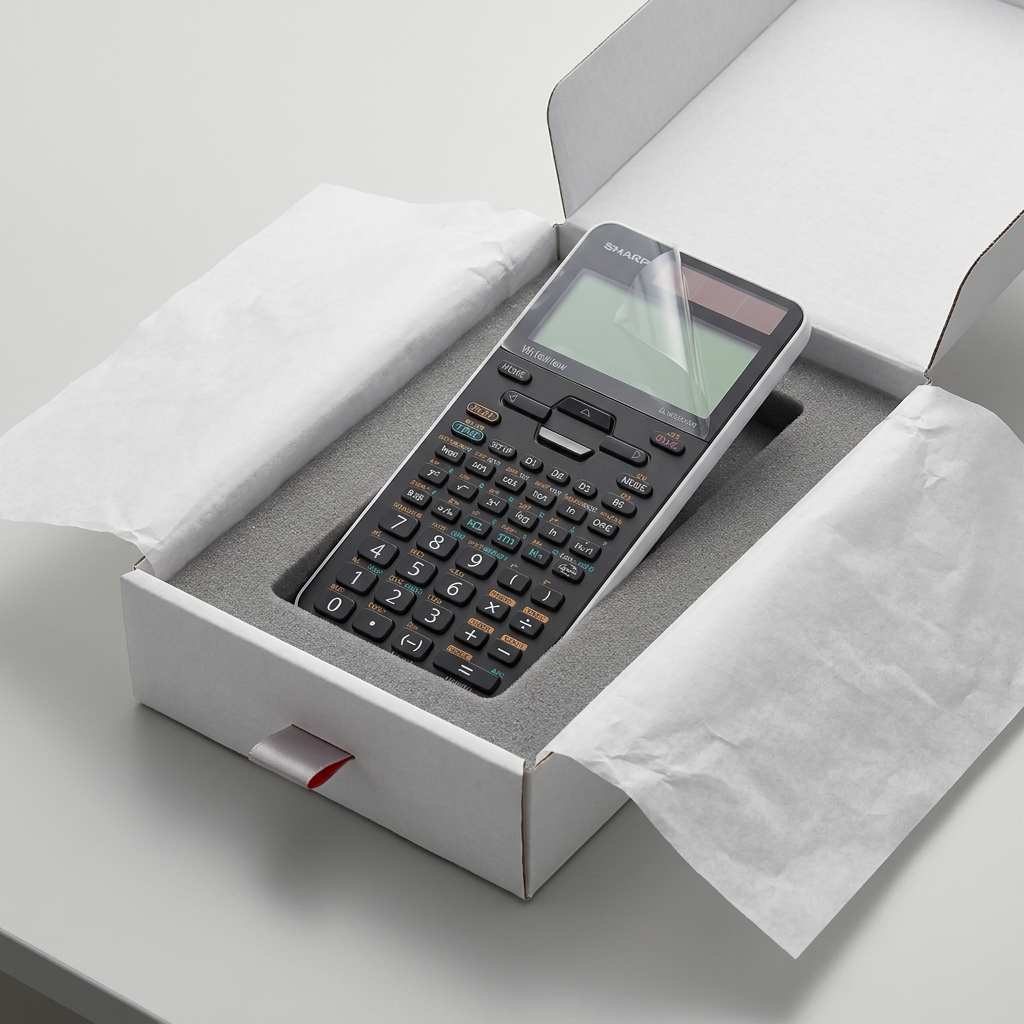 This premium unboxing image shows the Sharp EL-W535XG-WH calculator, complete with its protective screen film and custom-fitted grey foam insert within a white shipping box. The clean, monochrome palette with a touch of red adheres to the reseller's brand guide, conveying confidence and care.