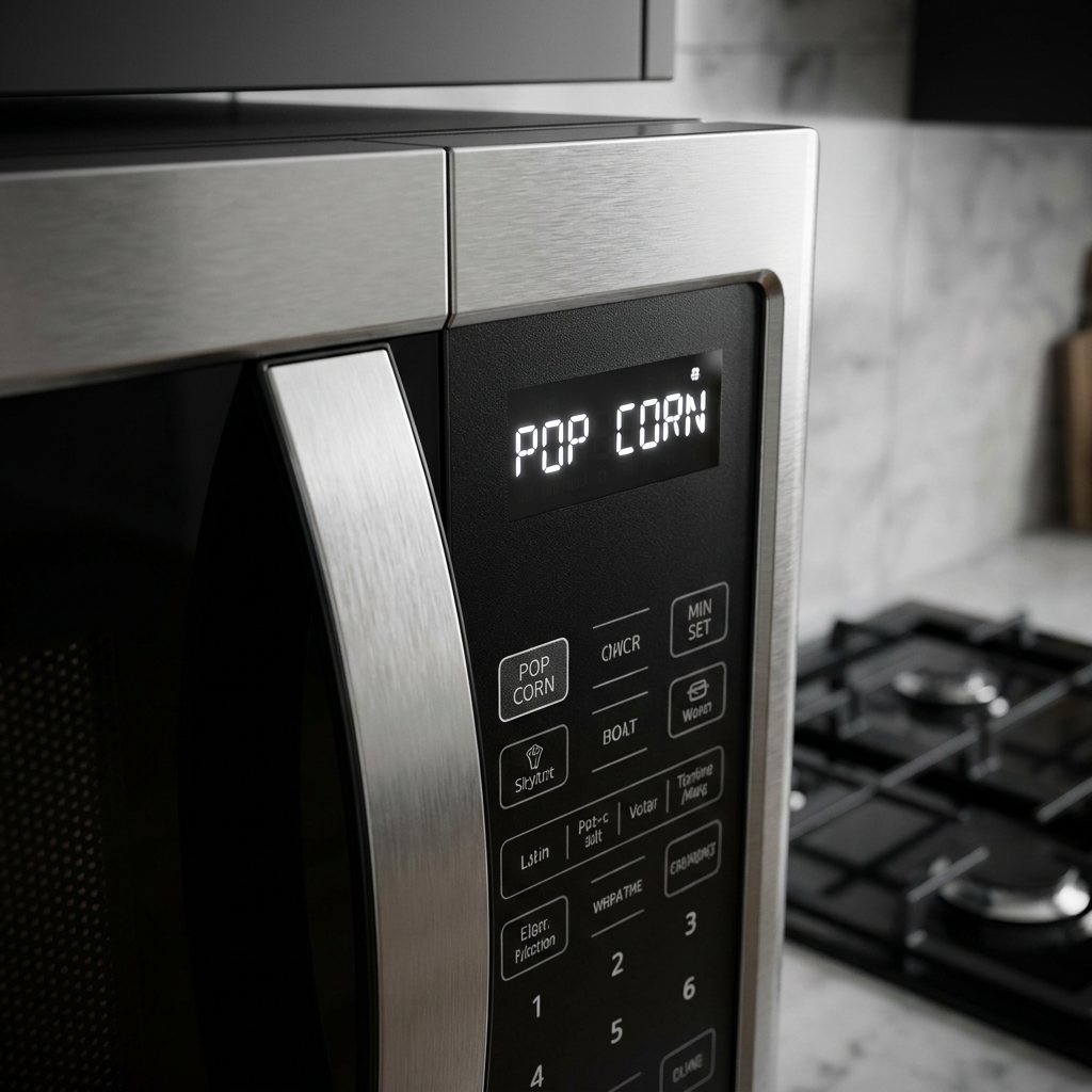 A close-up view of the SHARP SMC1162KSC microwave's control panel and display, showing the brushed stainless steel finish and the 'POP CORN' button activated on the digital screen.