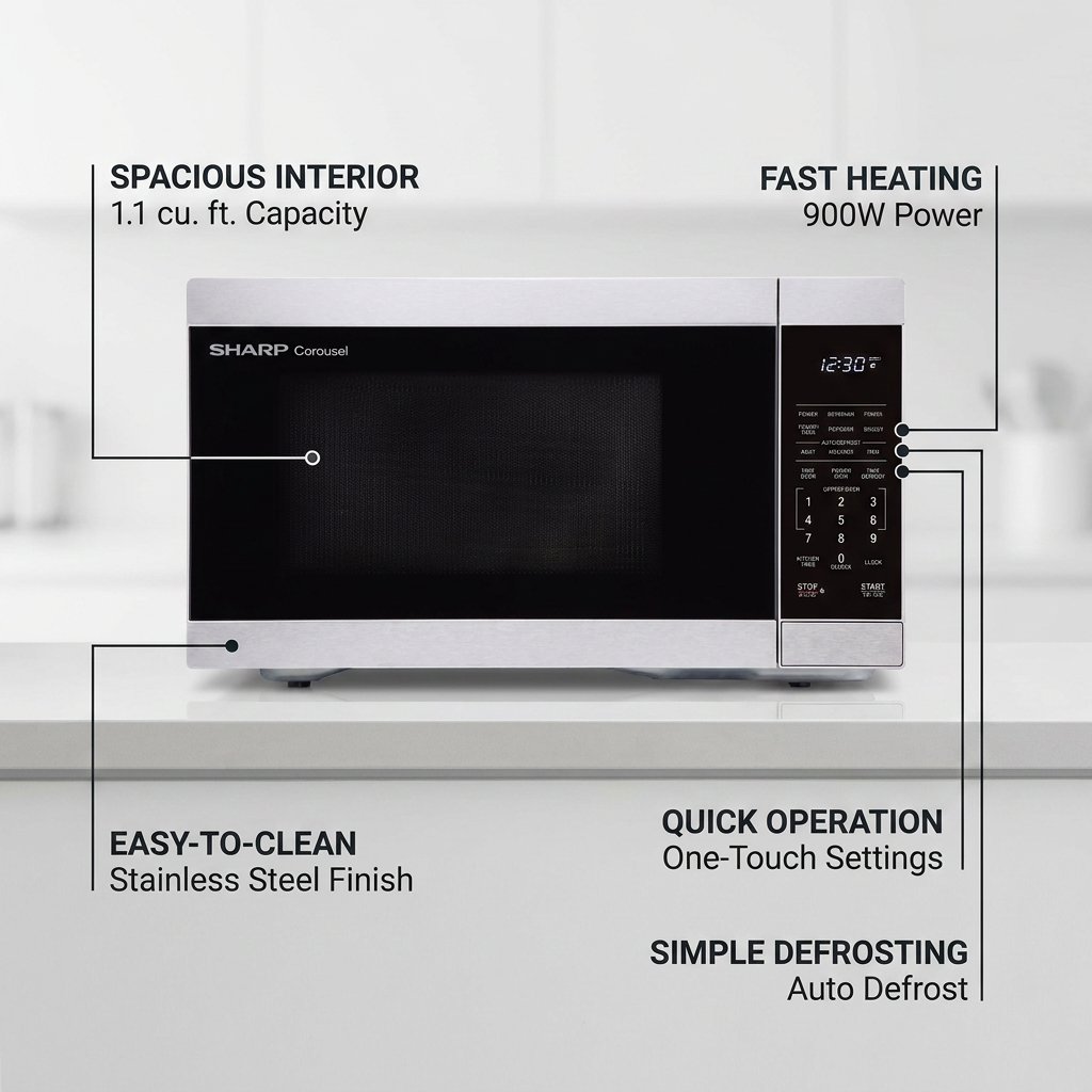 The SHARP SMC1162KSC microwave is featured with five key operational capabilities highlighted. Pointer lines indicate the 1.1 cu. ft. spacious interior, 900W fast heating power, easy-to-clean stainless steel finish, quick one-touch operation settings, and simple auto defrost function, all designed to offer customer benefits.