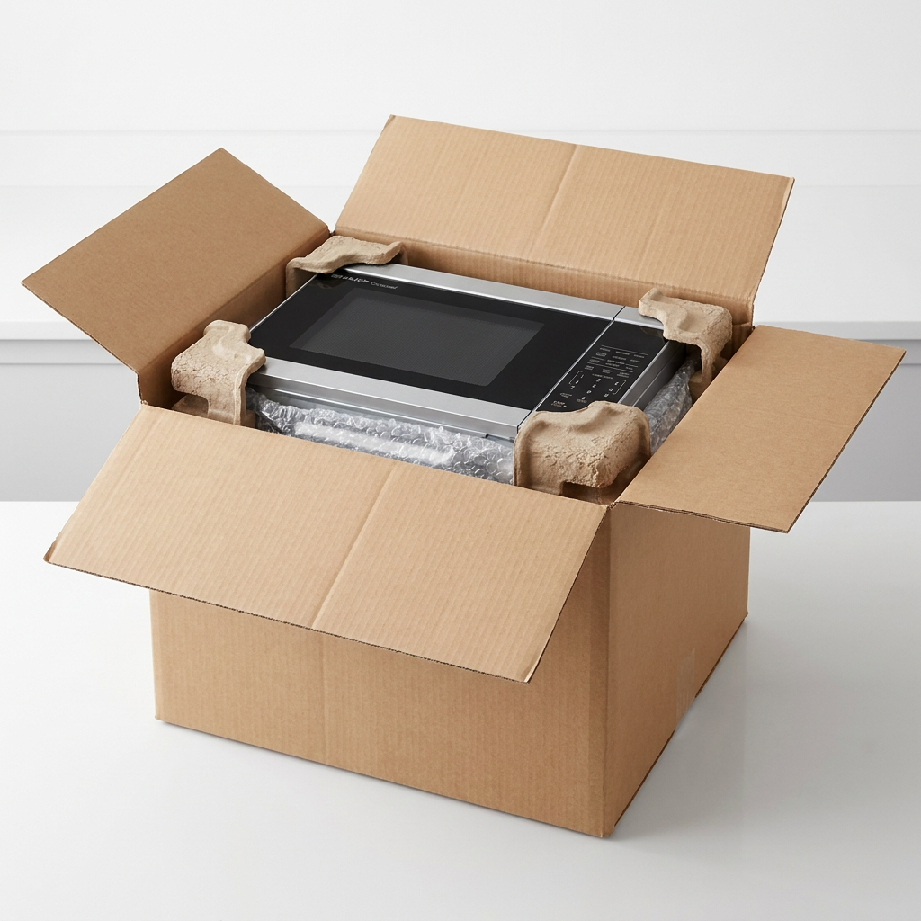 A realistic unboxing scene shows the SHARP AC Microwave inside a sturdy corrugated box, cushioned by bubble wrap and molded corner protectors.