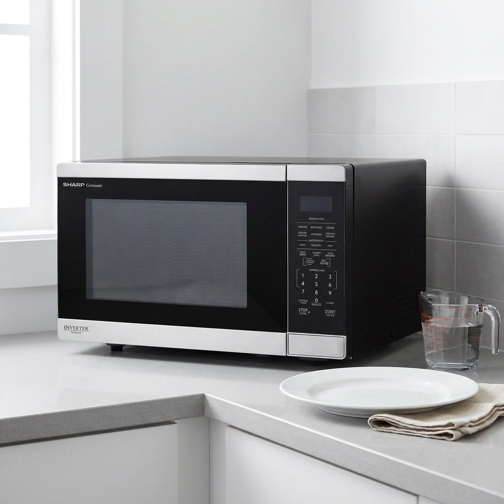 I have generated the image of the Sharp SMC1464KSC microwave on a kitchen counter with a plate and measuring cup as scale references, following the specified brand guidelines.