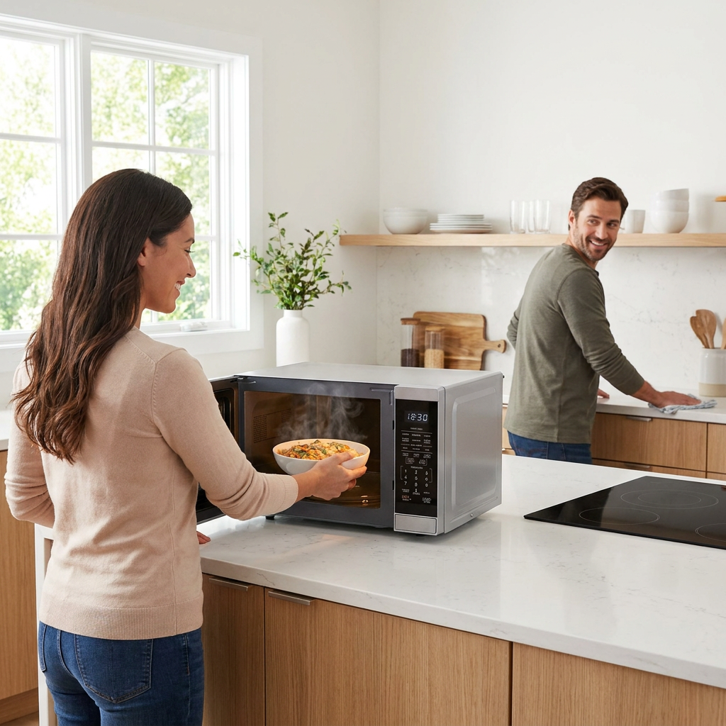 A woman smiles as she removes a hot dish from the SHARP stainless steel microwave in a bright, modern kitchen, while a man cooks in the background. The microwave is on a white quartz countertop, showing a '12:30' display.