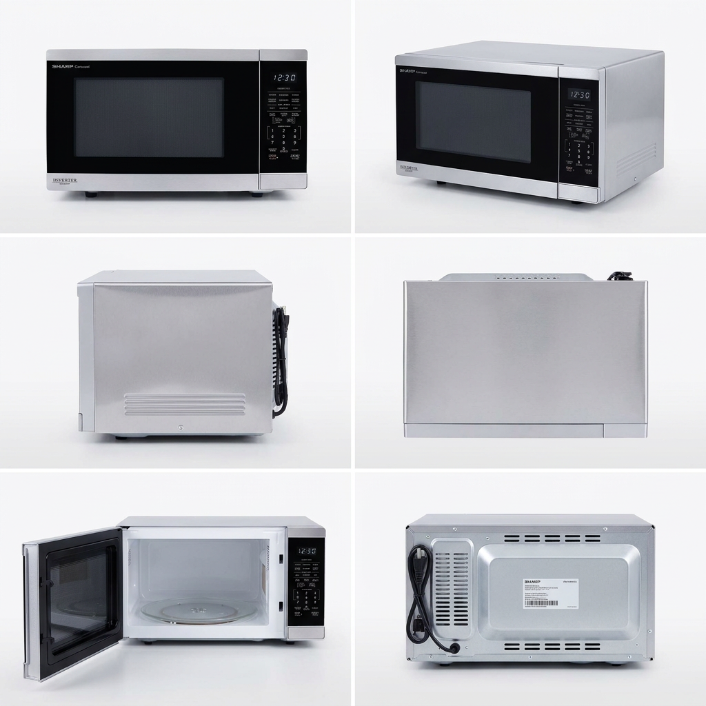 6-panel product matrix showing various angles of the Sharp SMC1464KSC silver and black turntable microwave.