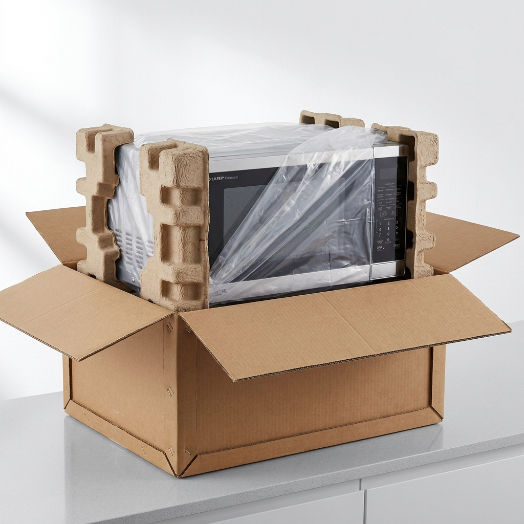 A photograph shows the SHARP SMC1464KSC microwave (MPN: SMC1464KSC) securely packed in a cardboard box with thick, brown pulp corner protectors and a clear plastic cover. The scene conveys protected delivery.