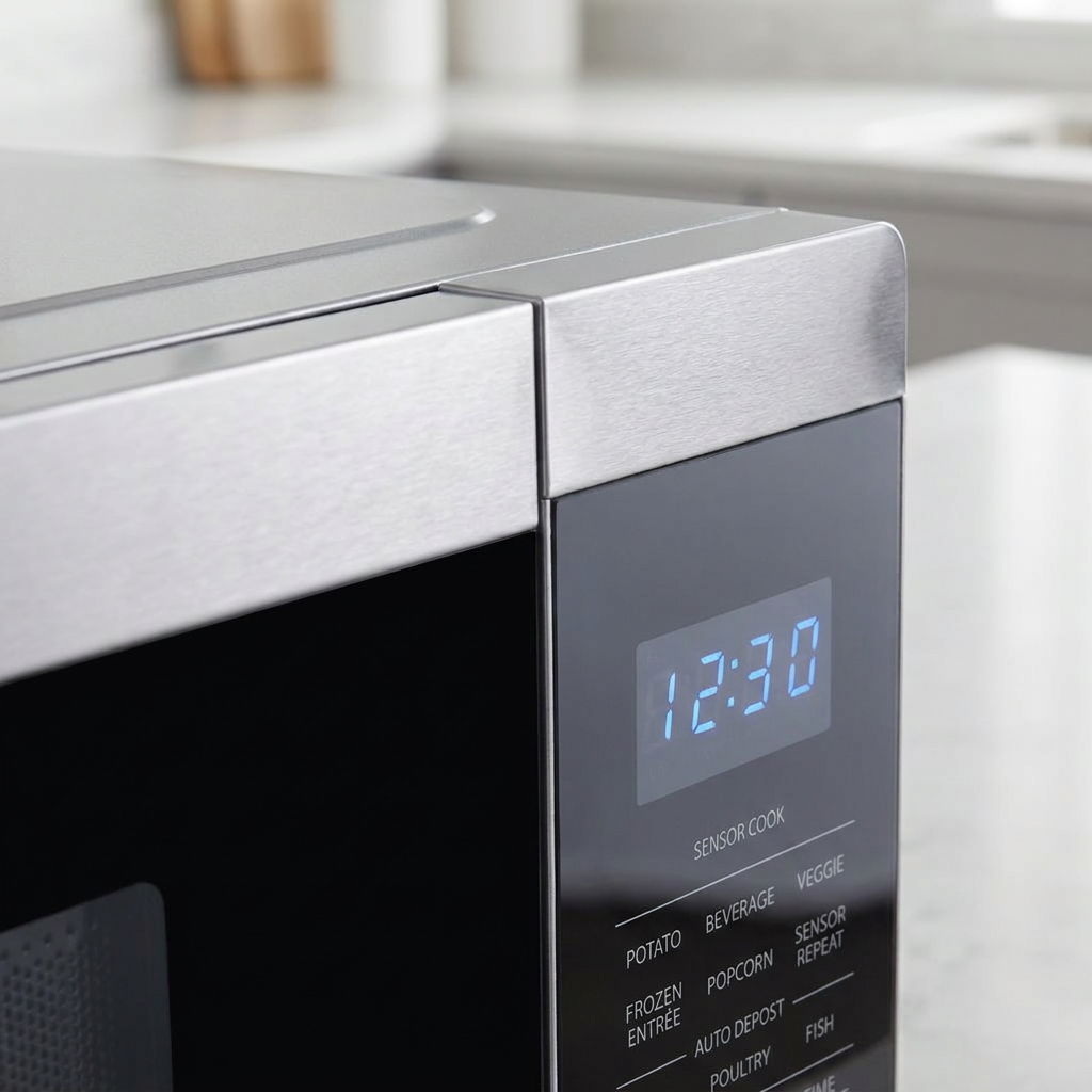 A close-up photograph shows the top right stainless steel corner and the blue digital display of the SHARP SMC1464KSC microwave, highlighting the control panel detail and the '12:30' time.