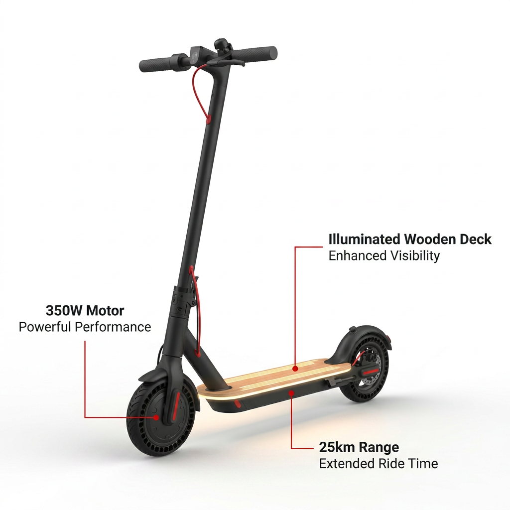 A feature callout graphic for the Sharp S9 electric scooter, using clean red pointer lines and short, legible black text on a white background to highlight the 350W motor, 25km range, and illuminated wooden deck, translating each feature into a customer benefit.