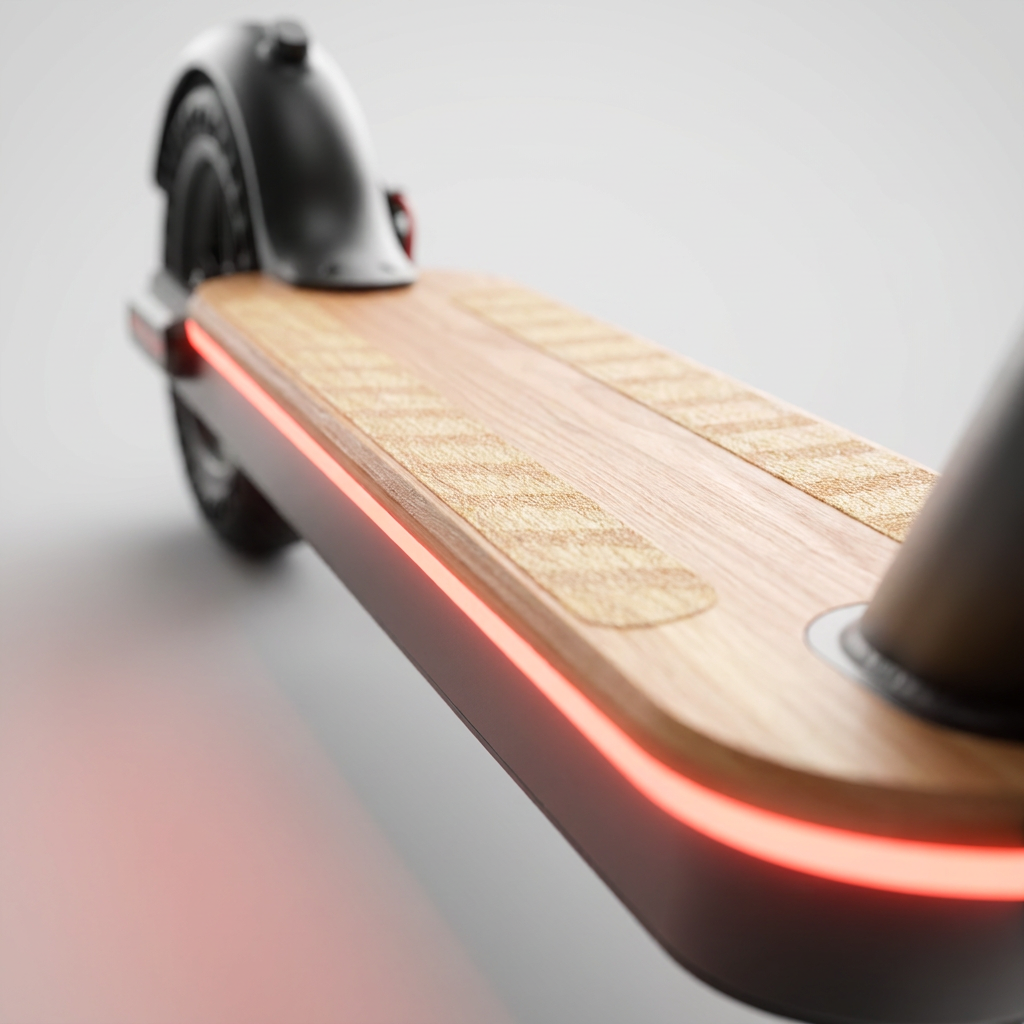 An extreme close-up of the Sharp S9 electric scooter's illuminated wooden deck with grip tape and red LED strip.