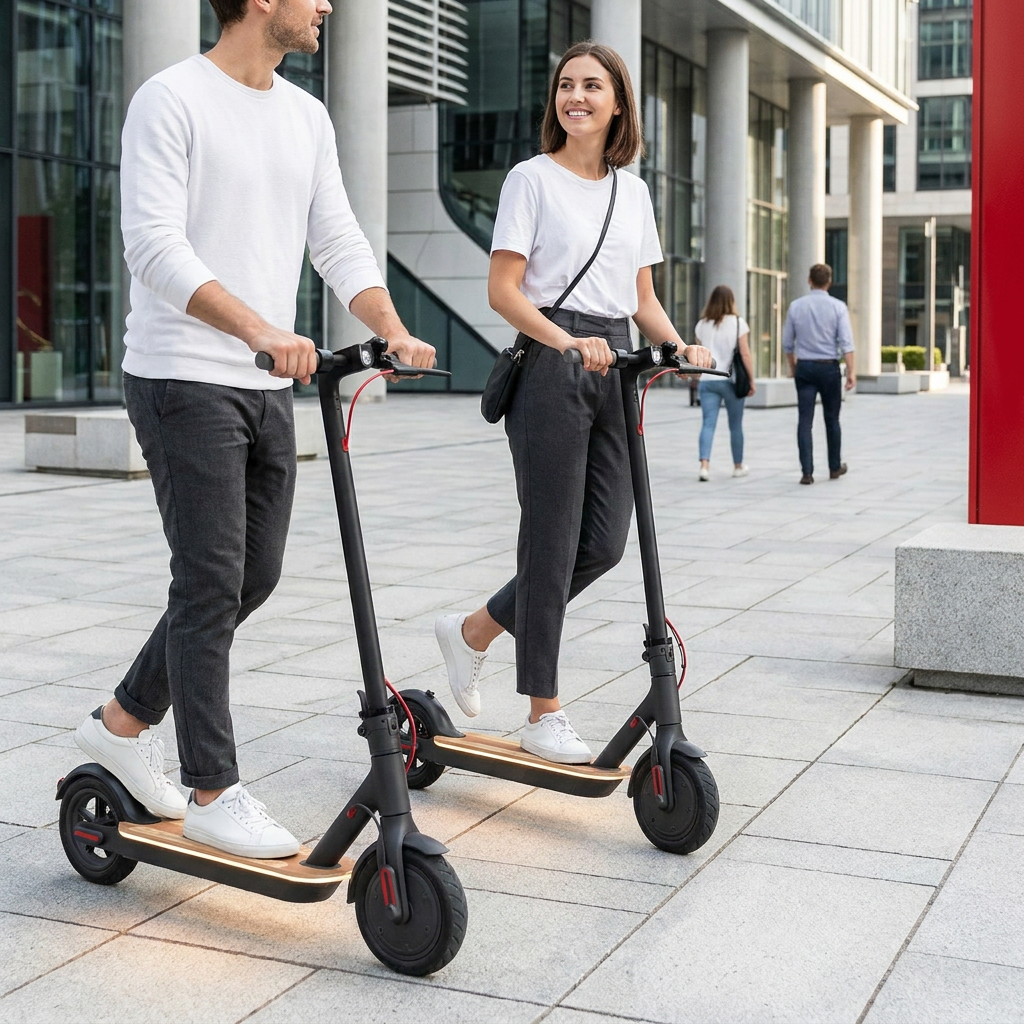 A lifestyle photo of a couple using the Sharp S9 scooters in a modern urban plaza, aligning with the Sharp Red, White, and Black brand palette.