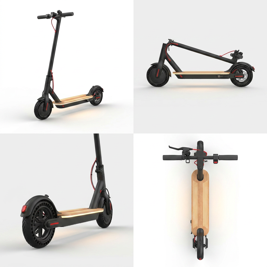 A four-panel grid showing the Sharp S9 electric scooter from multiple angles: front three-quarter, folded side view, rear view, and top-down view, in a clean white and light gray studio setting.