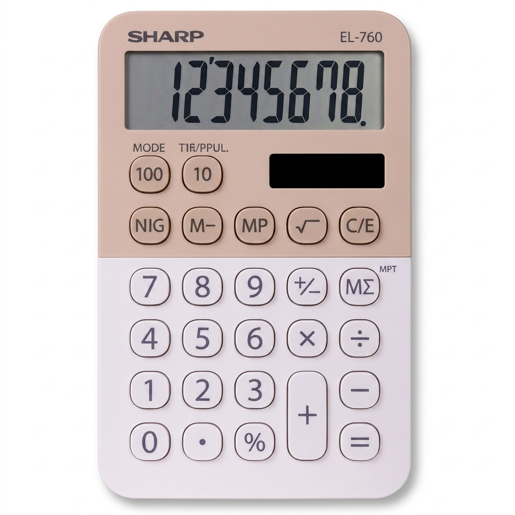 A high-resolution hero shot of the Sharp EL760RBLA XL-8 Digit Display Calculator in Latte, set against a pure white background. The image perfectly captures the product's shape, color, and all markings, including the "12345678" display and "SHARP EL-760" model number. A clean shadow grounds the calculator.