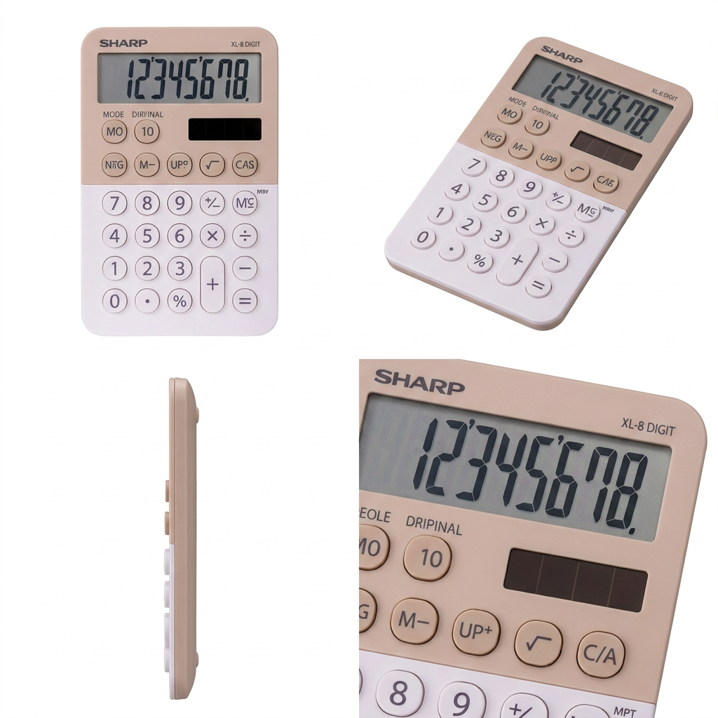 A four-panel product matrix image showing the Sharp EL760RBLA Latte calculator in front, three-quarter, side, and close-up views.