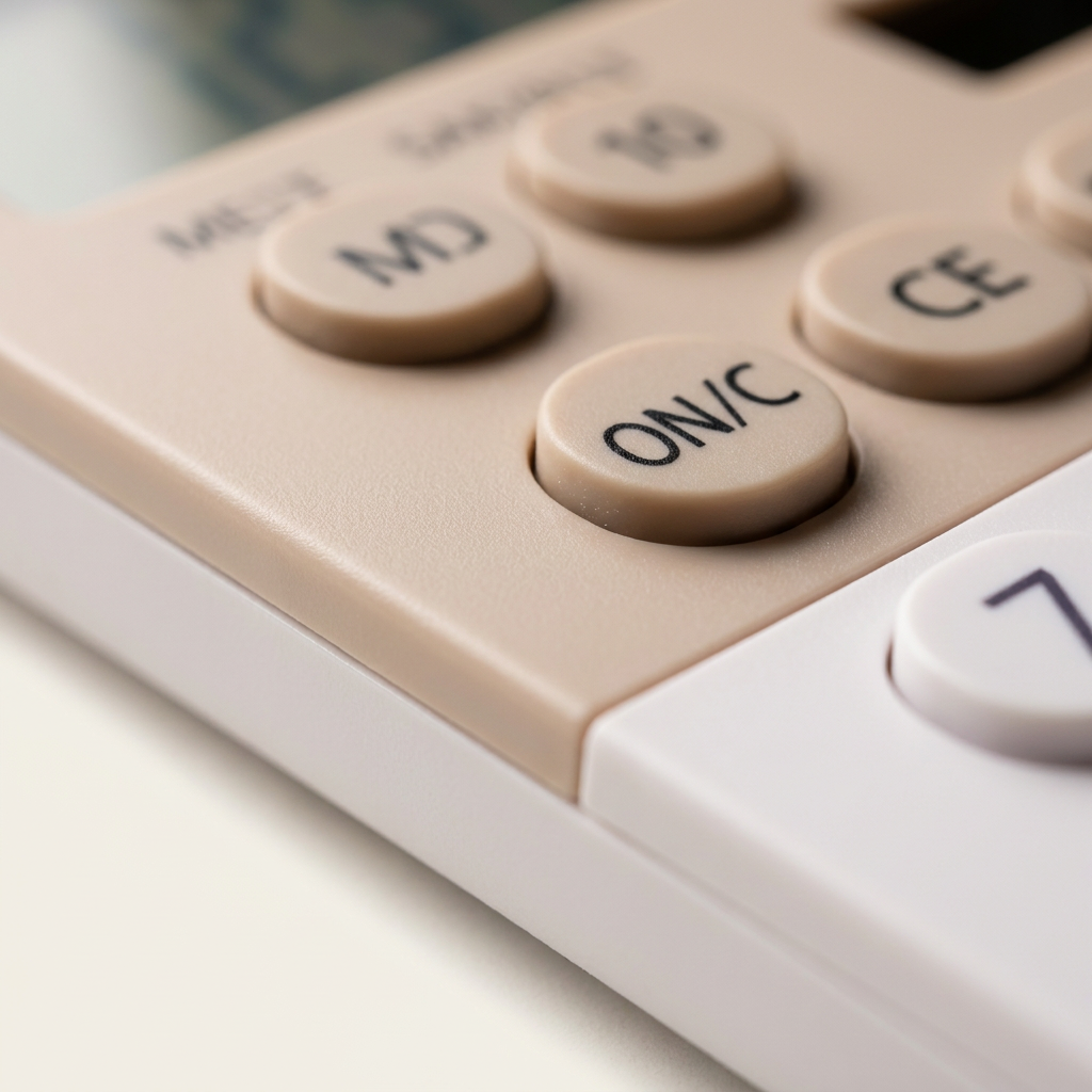 A detailed macro shot captures the tactile textured button and body of the Sharp EL760RBLA XL-8 digit calculator in a latte and white color scheme, with premium lighting highlighting the quality of the materials.