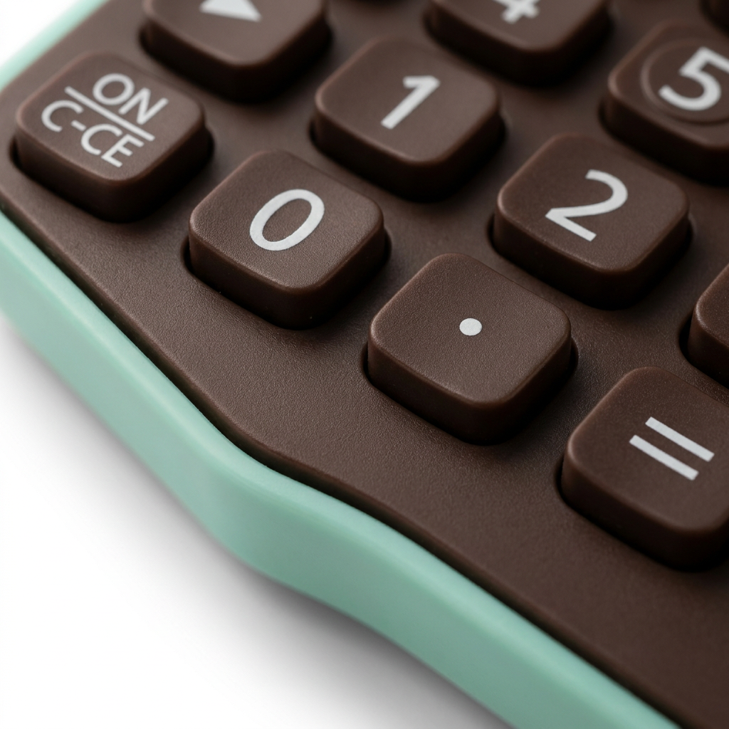 A macro shot of the SHARP EL760RBMT calculator's lower keypad, highlighting the tactile texture of the brown plastic buttons and mint-colored casing, rendered with premium lighting.
