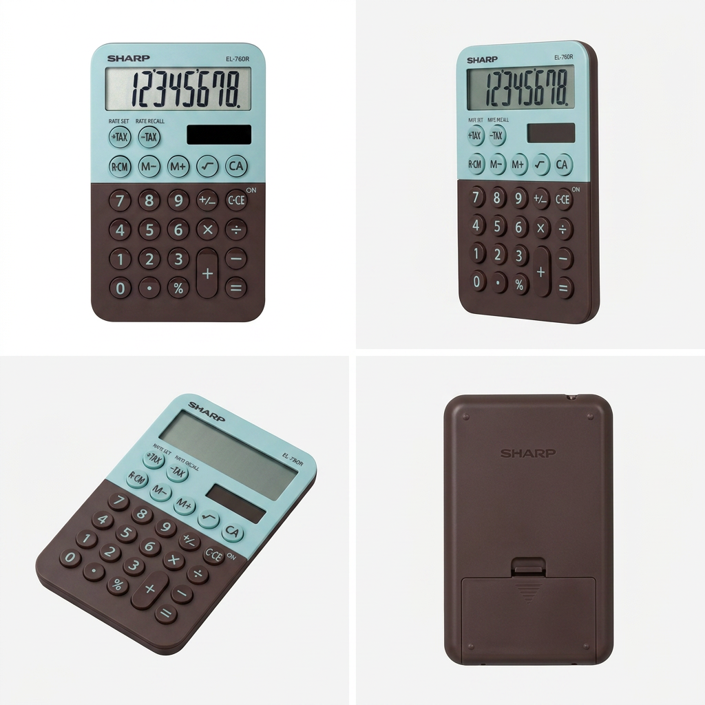 A PDP visual matrix grid showing the mint and brown Sharp EL-760R calculator from four different angles, including front, side, angled, and back views, presented on a minimalist light gray background.