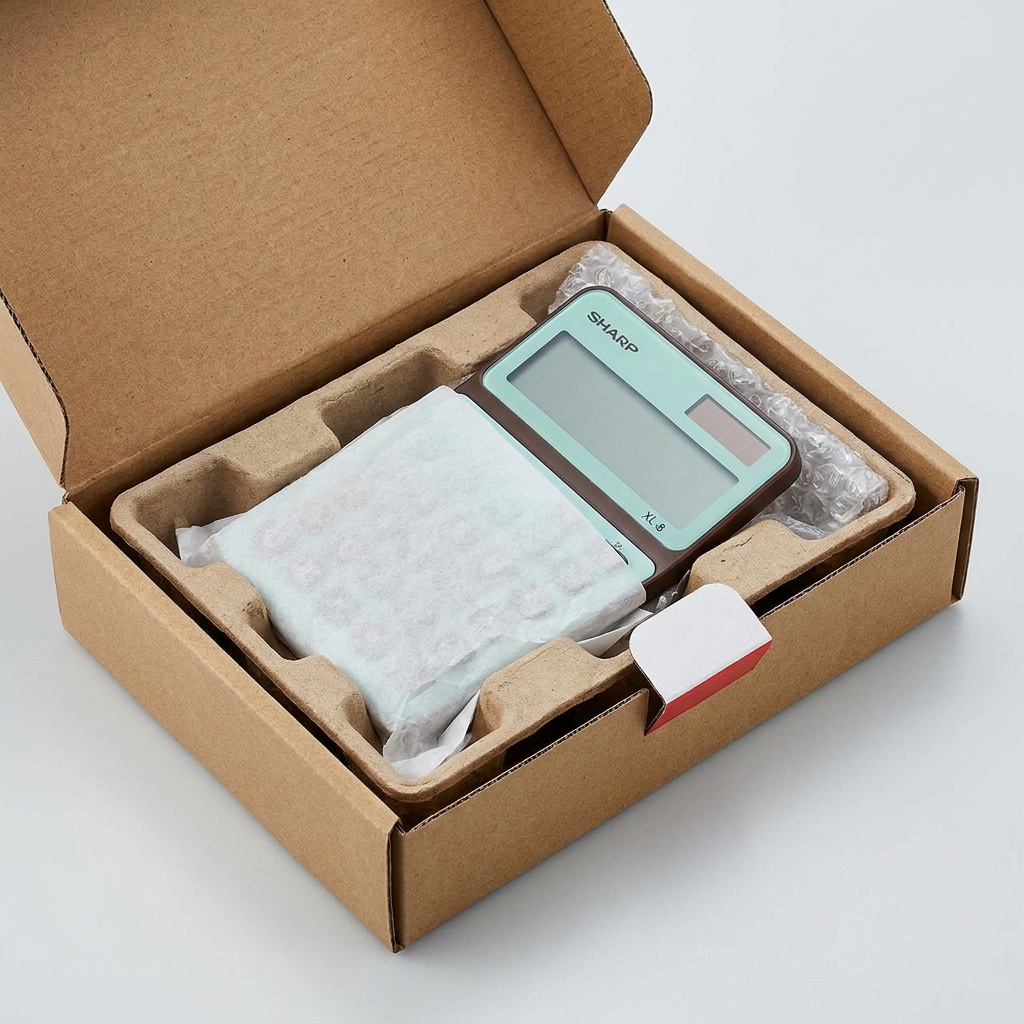 The Sharp XL-8 calculator is presented in its open shipping box, securely placed in a molded fiber tray with protective tissue paper and bubble wrap, demonstrating a safe packaging and unboxing experience. The box is on a clean white background.